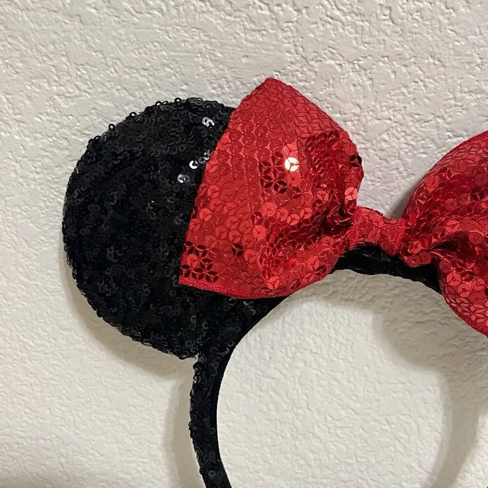 Disney Parks Minnie Mouse Black Sequin Red Bow Sequin Ears Headband